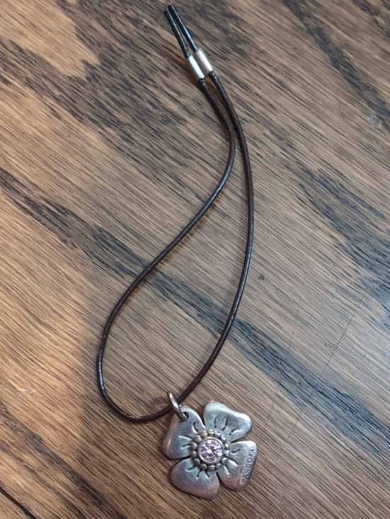 Pandora Jewelry - Retired Pandora Silver Flower Clasp Opener with Brown Cord and Pink Stone